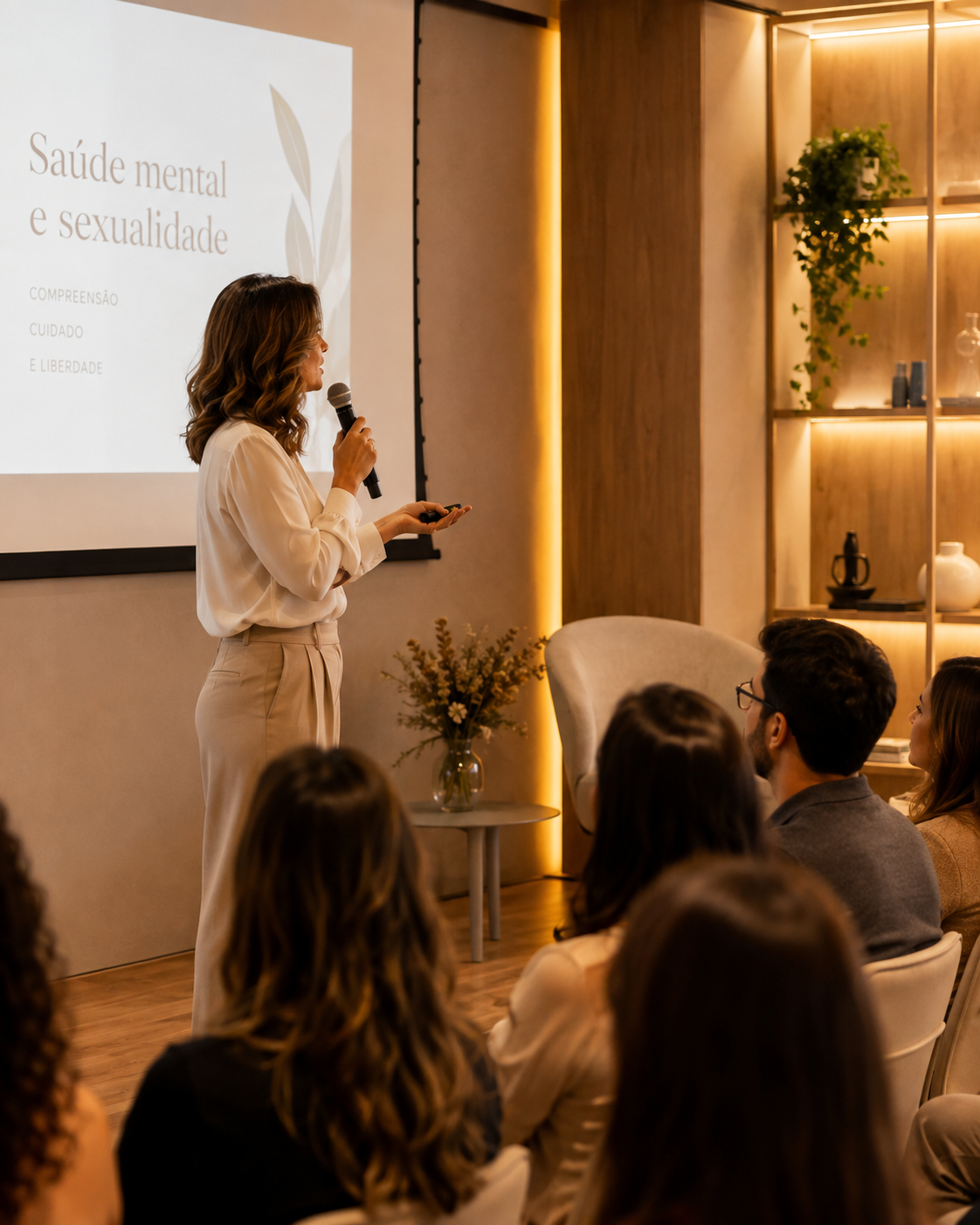 Mulher conduzindo uma palestra para um grupo de adultos em ambiente acolhedor